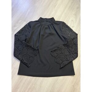 Ann Taylor Black Mock Neck Crochet Lace Sleeve Blouse Top Medium 838899 NEW